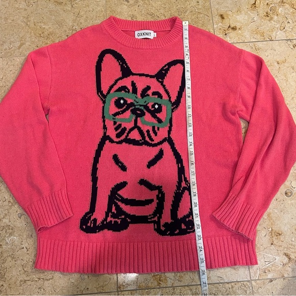 OXKNIT Pink Sweater with Black Bulldog & Green Glasses 100% Cotton Size L - Picture 3 of 6